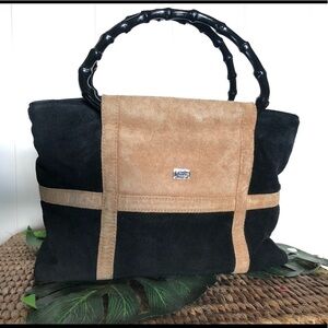 JOANNA Lhuillier suede patchwork leather black and tan handbag